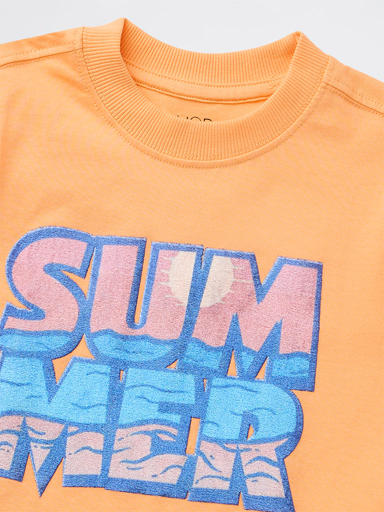 HOP Kids Boys Orange Text-Printed Cotton T-Shirt