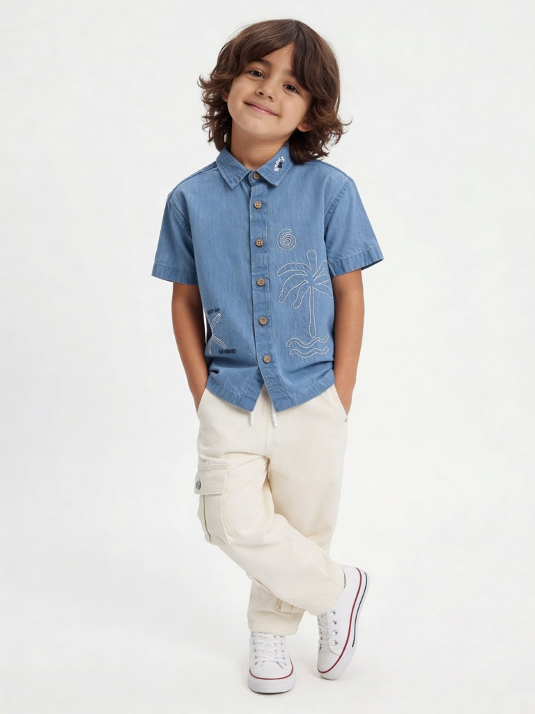 HOP Kids Boys Blue Embroidered Denim Shirt