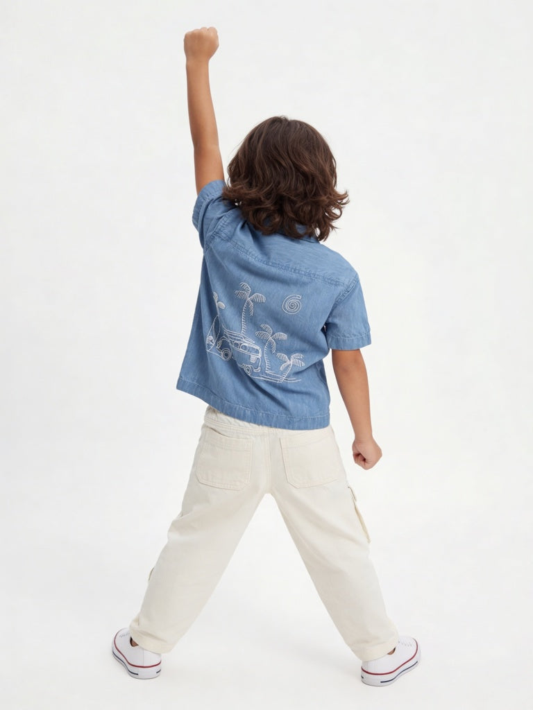 HOP Kids Boys Blue Embroidered Denim Shirt