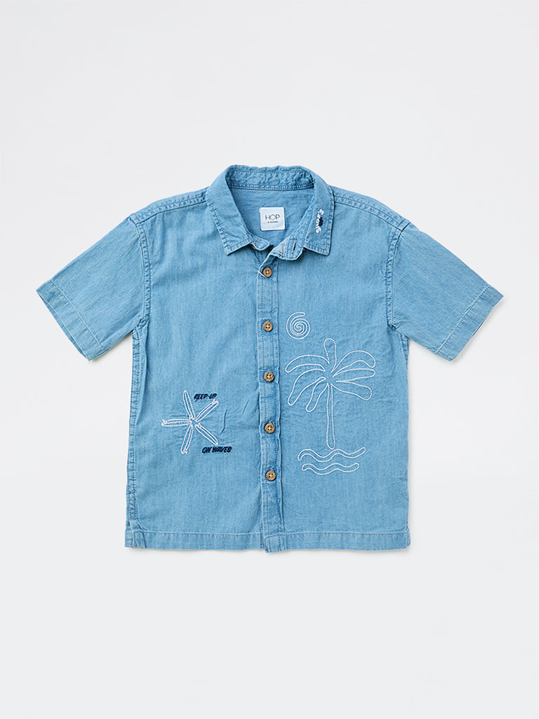 HOP Kids Boys Blue Embroidered Denim Shirt