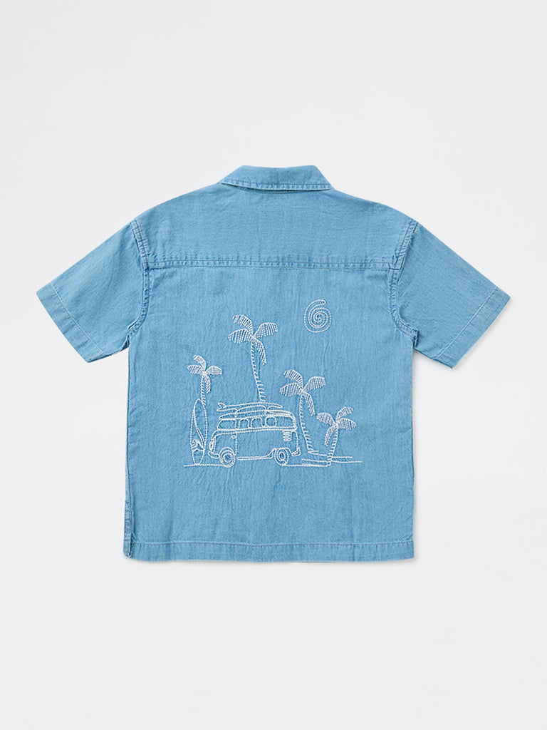 HOP Kids Boys Blue Embroidered Denim Shirt