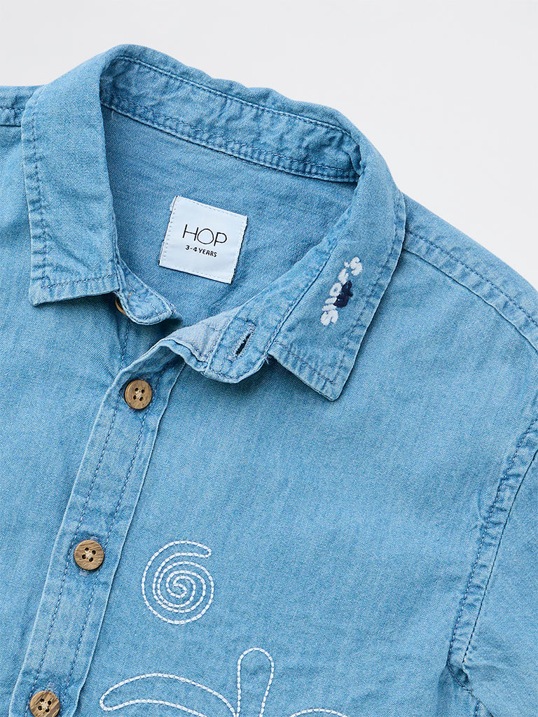 HOP Kids Boys Blue Embroidered Denim Shirt