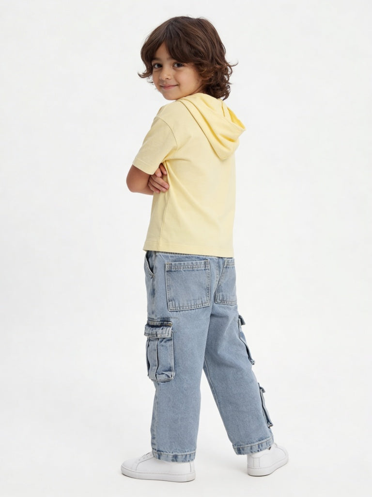 HOP Kids Boys Yellow Text Embossed Hooded Cotton T-Shirt