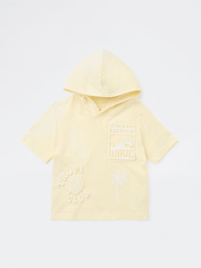 HOP Kids Boys Yellow Text Embossed Hooded Cotton T-Shirt