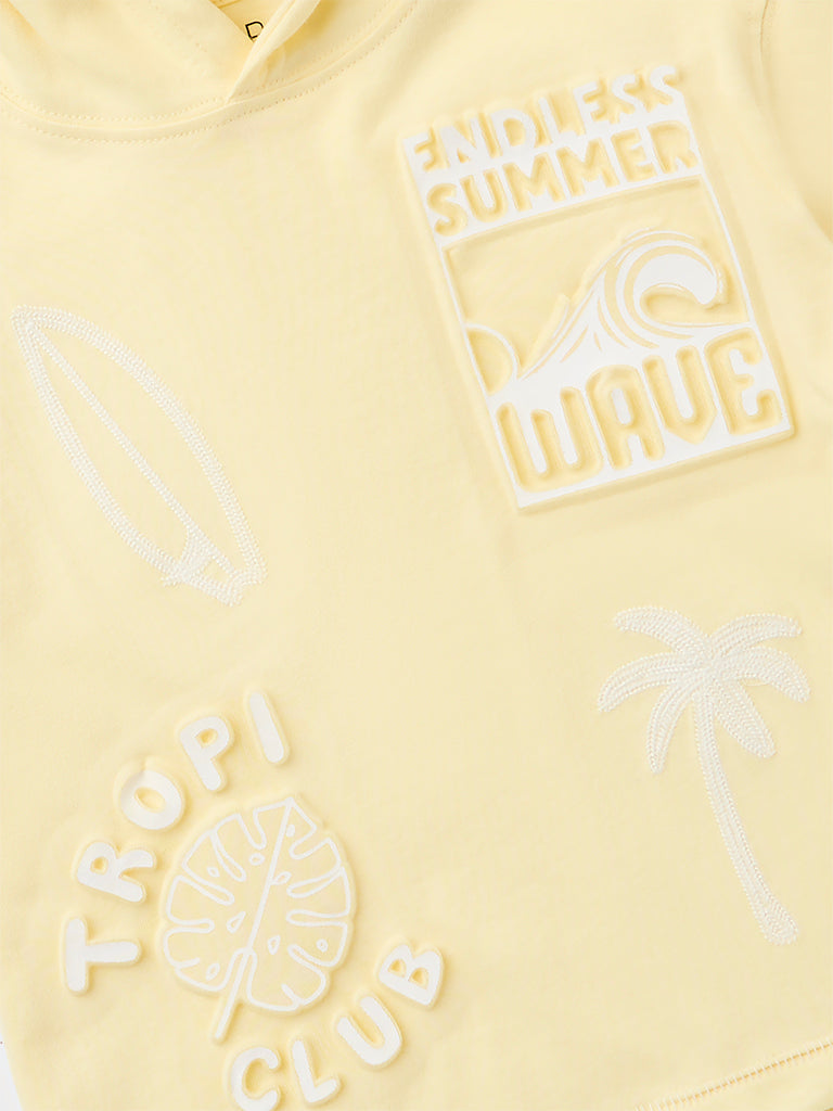 HOP Kids Boys Yellow Text Embossed Hooded Cotton T-Shirt