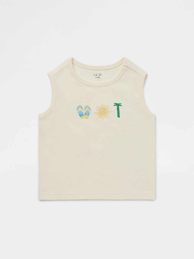 HOP Kids Boys Off-White Embroidered Cotton T-Shirt