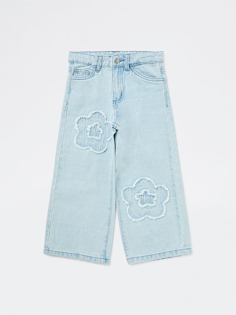 HOP Kids Girls Blue Floral High-Rise Relaxed-Fit Jeans