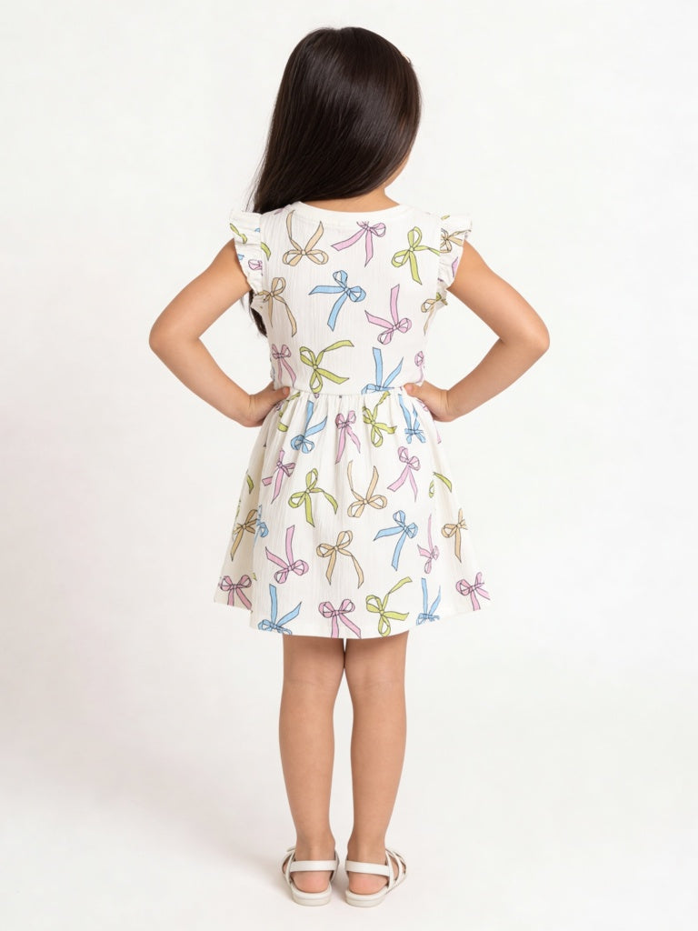HOP Kids Girls White Bow Printed A-Line Cotton-Blend Dress