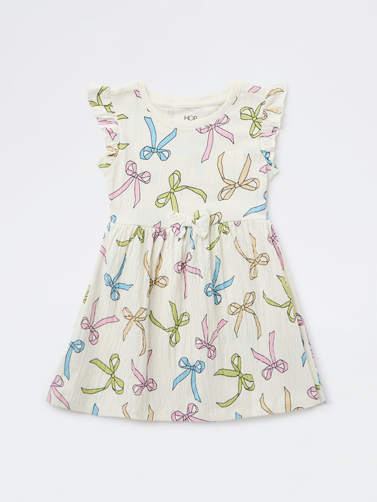 HOP Kids Girls White Bow Printed A-Line Cotton-Blend Dress