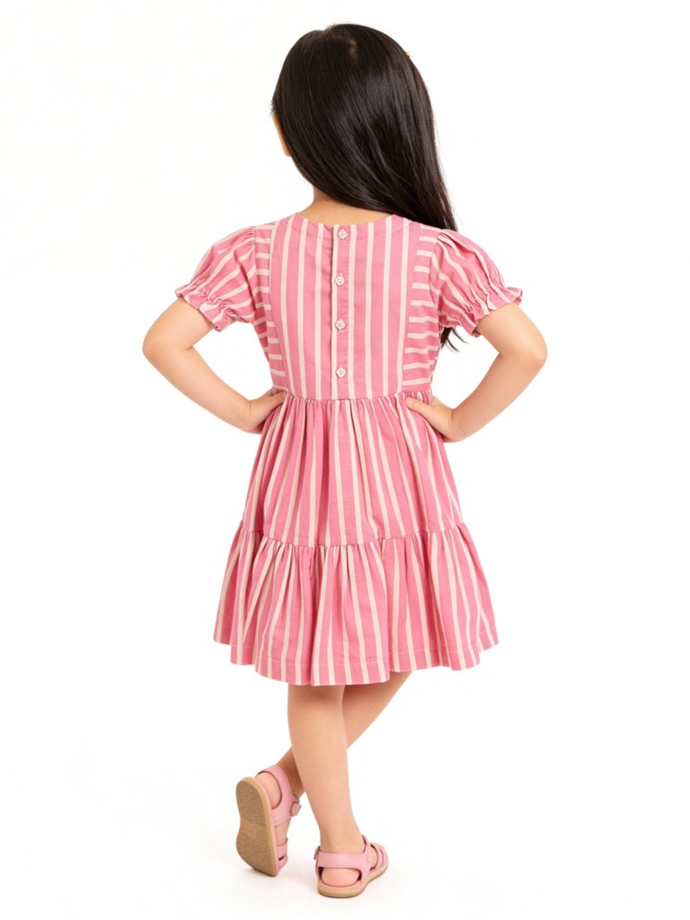 Utsa Kids Girls Pink Striped Tiered Cotton-Blend Dress - (2-8 yrs)