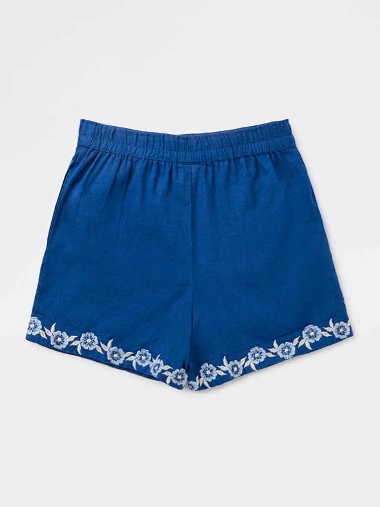 Utsa Kids Girls Indigo Embroidered Mid-Rise Cotton Shorts - (8-14 yrs)