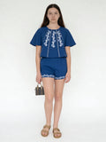 Utsa Kids Girls Indigo Embroidered Cotton Top - (8-14 yrs)