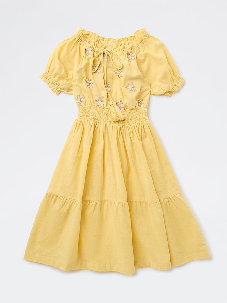 Utsa Kids Girls Yellow Floral Embroidered A-Line Cotton Dress - (8-14 yrs)
