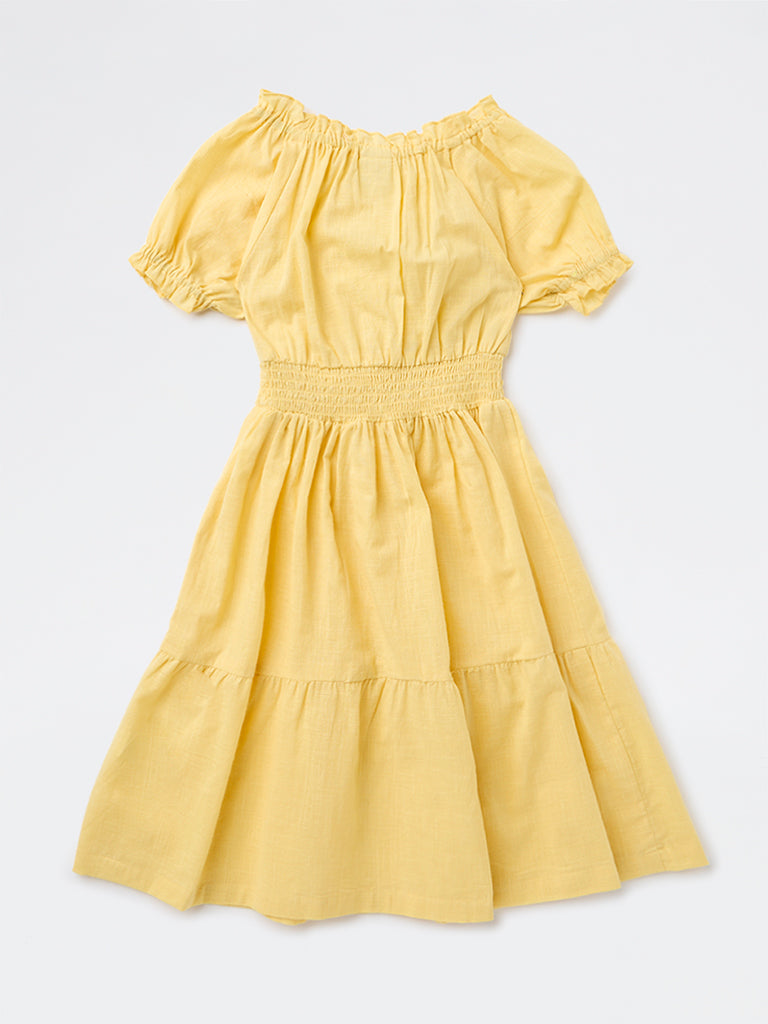Utsa Kids Girls Yellow Floral Embroidered A-Line Cotton Dress - (8-14 yrs)