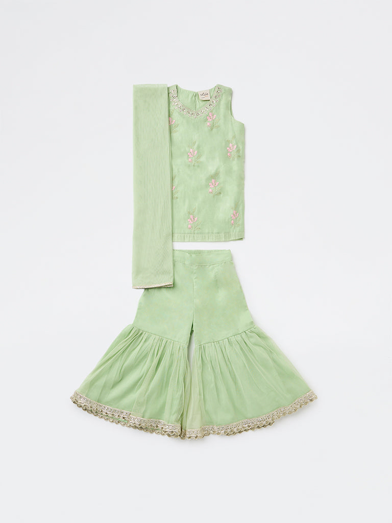 Utsa Kids Girls Mint Embroidered A-Line Kurta and Sharara Set - (2-8 yrs)