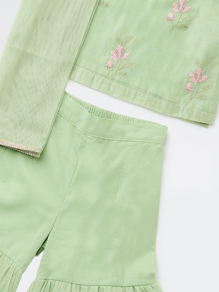 Utsa Kids Girls Mint Embroidered A-Line Kurta and Sharara Set - (2-8 yrs)