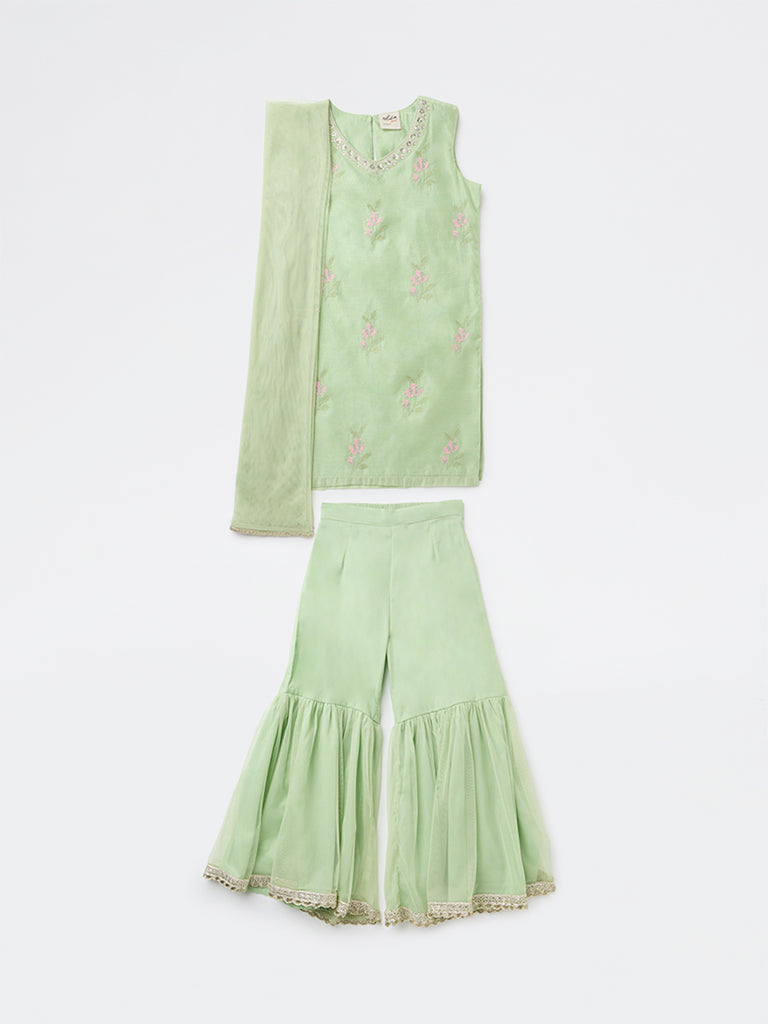 Utsa Kids Girls Mint Embroidered A-Line Kurta and Sharara Set - (8-14 yrs)