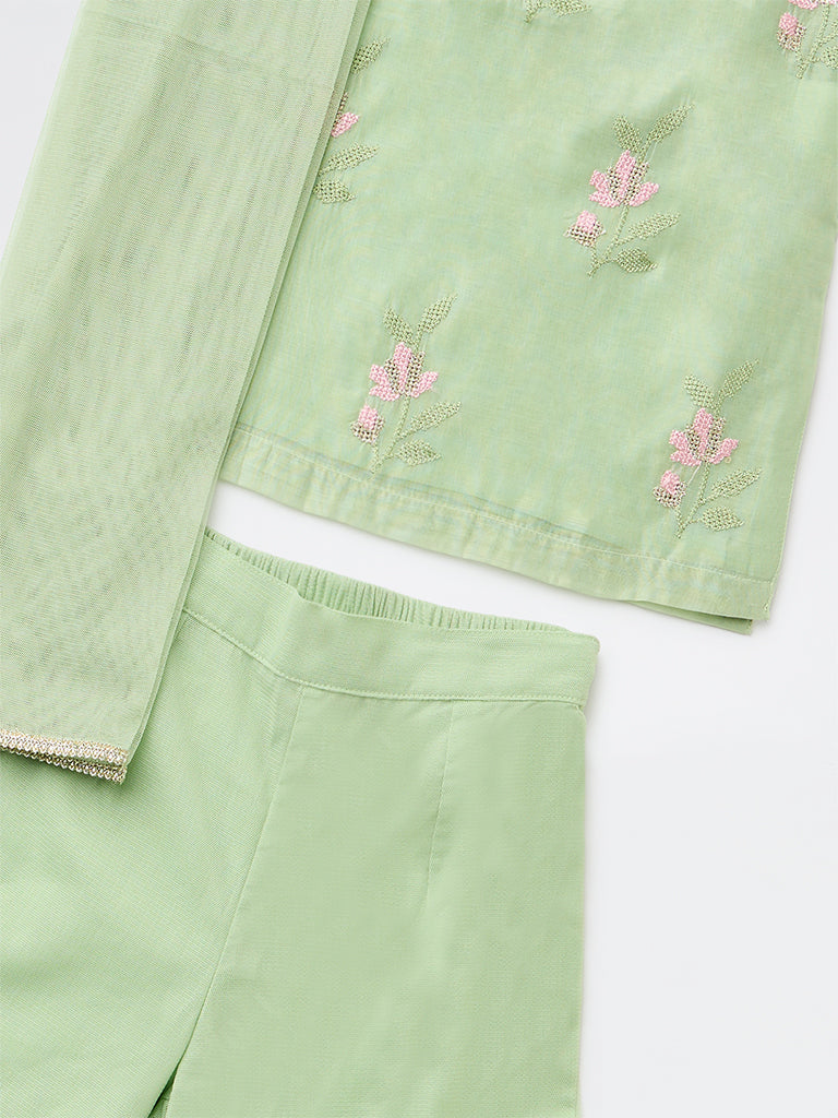 Utsa Kids Girls Mint Embroidered A-Line Kurta and Sharara Set - (8-14 yrs)