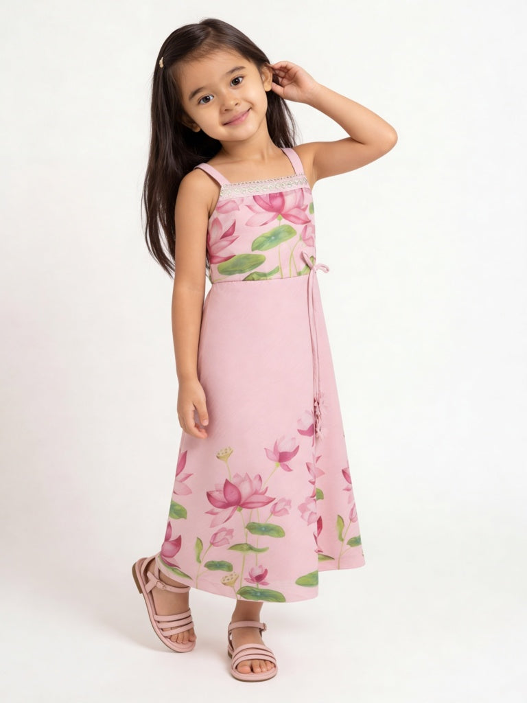 Utsa Kids Girls Pink Floral Printed A-Line Dress - (2-8 yrs)