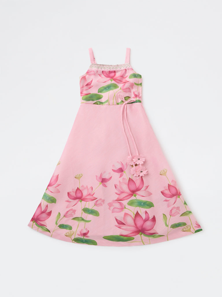Utsa Kids Girls Pink Floral Printed A-Line Dress - (2-8 yrs)