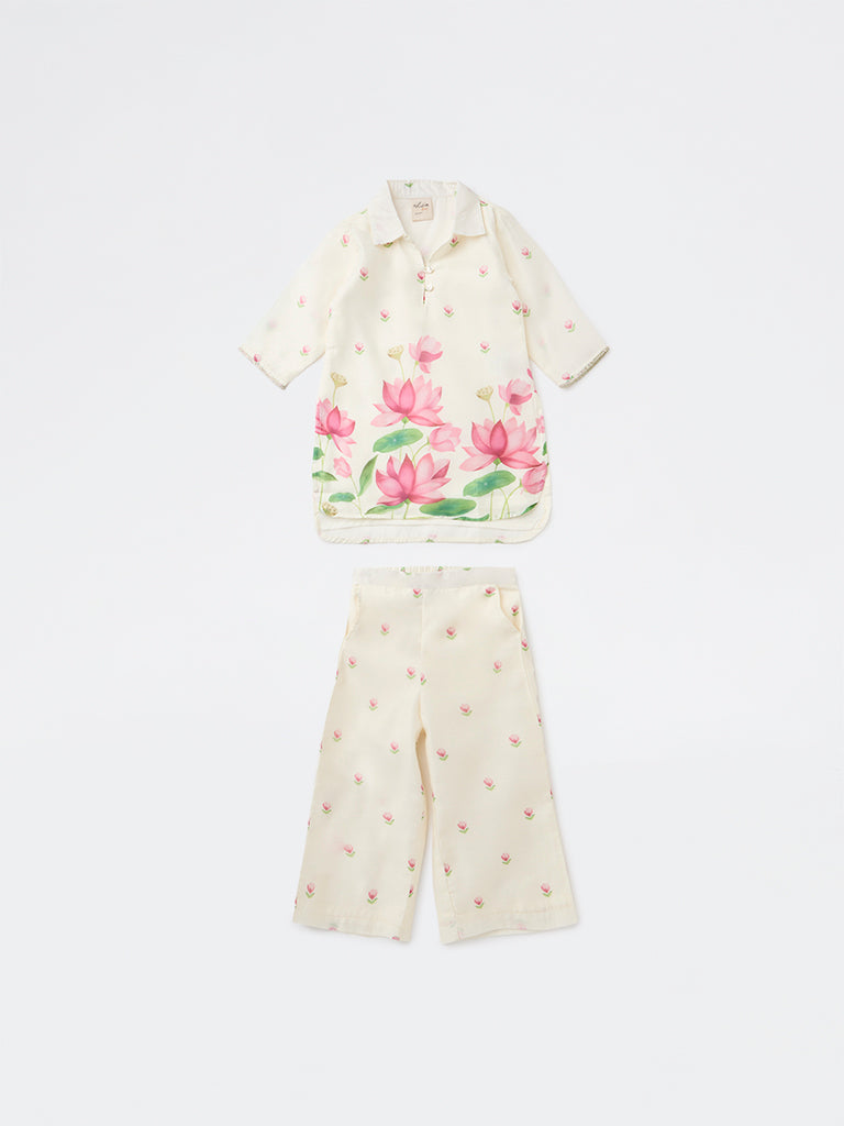 Utsa Kids Girls Off-White Floral Printed Blouse and Pants Set - (2-8 yrs)