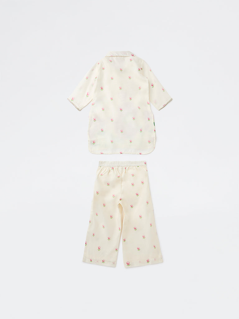 Utsa Kids Girls Off-White Floral Printed Blouse and Pants Set - (2-8 yrs)