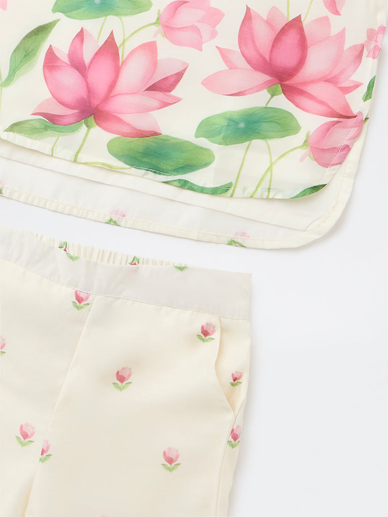 Utsa Kids Girls Off-White Floral Printed Blouse and Pants Set - (2-8 yrs)