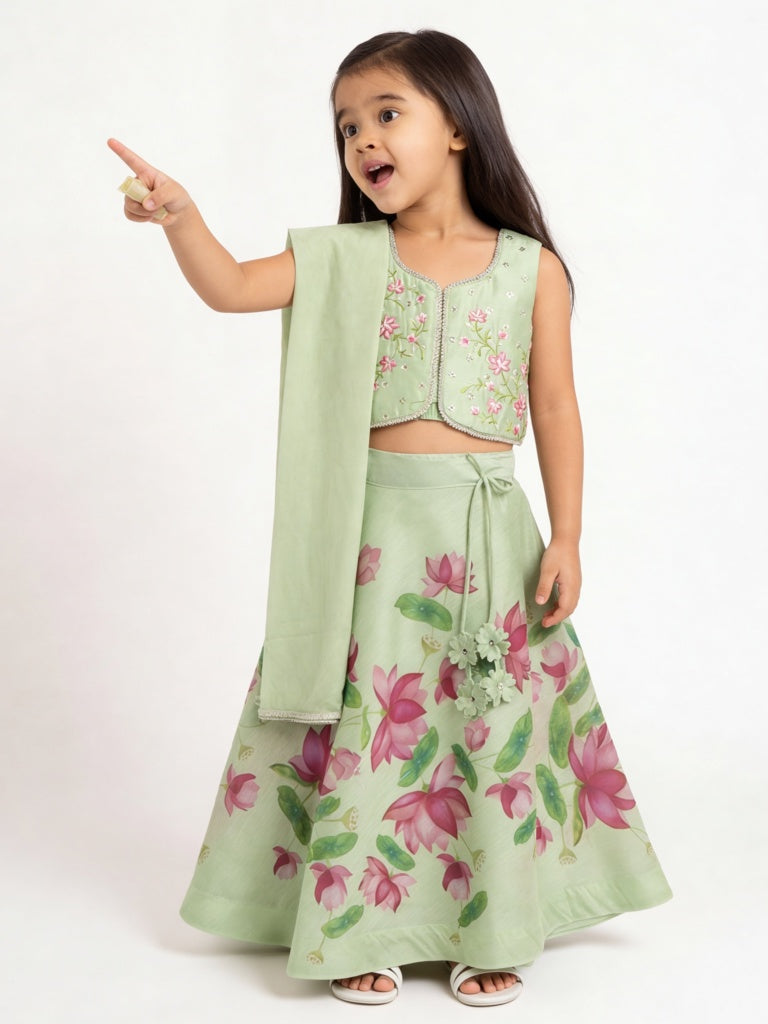 Utsa Kids Girls Mint Floral Printed Top Skirt and Dupatta Set - (2-8 yrs)