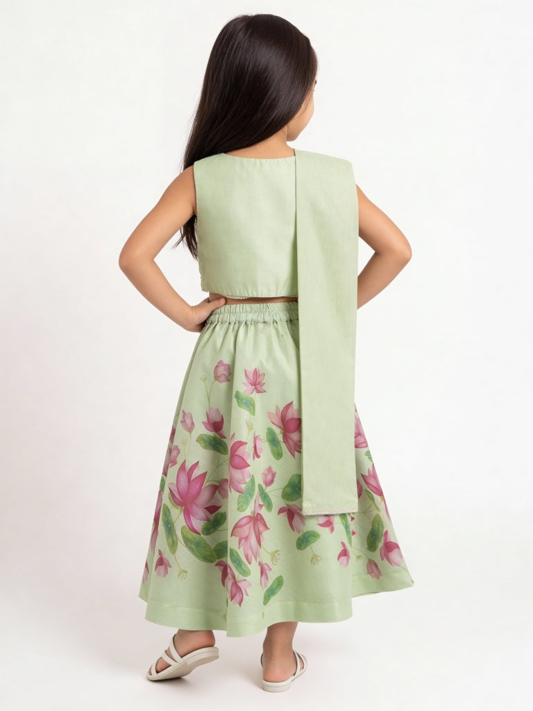 Utsa Kids Girls Mint Floral Printed Top Skirt and Dupatta Set - (2-8 yrs)