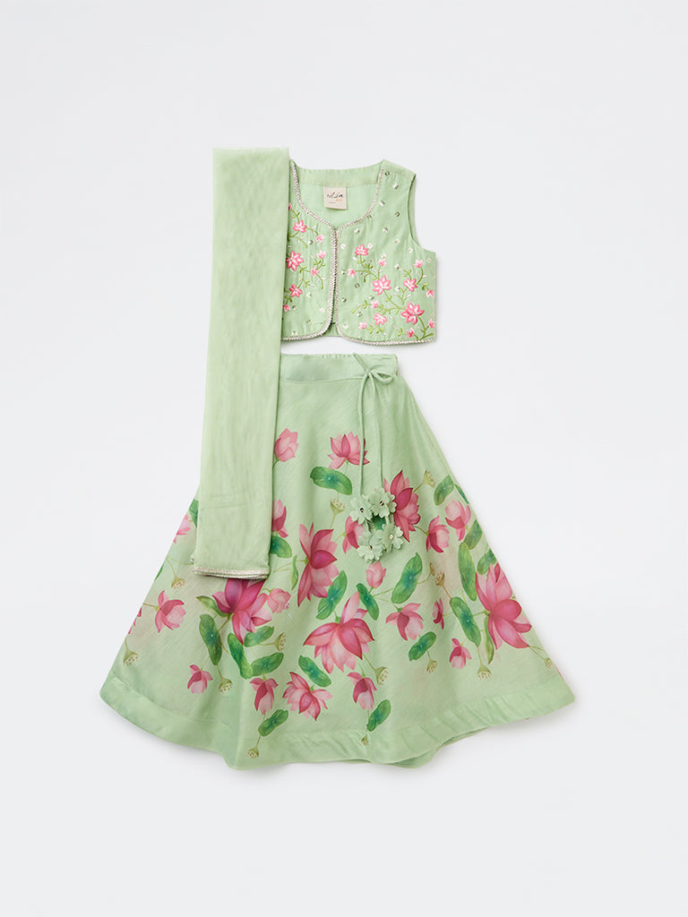 Utsa Kids Girls Mint Floral Printed Top Skirt and Dupatta Set - (2-8 yrs)