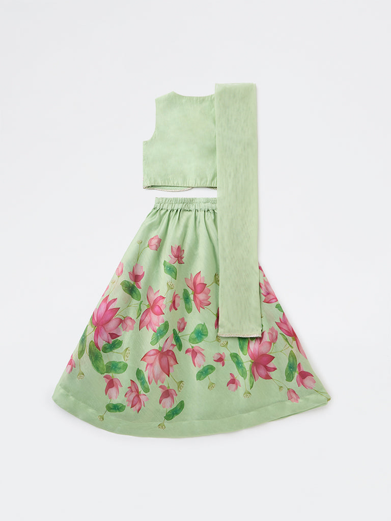 Utsa Kids Girls Mint Floral Printed Top Skirt and Dupatta Set - (2-8 yrs)