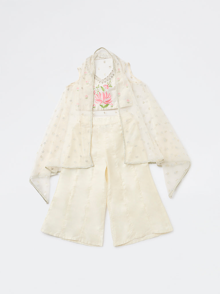 Utsa Kids Girls Off-White Floral Embroidered Top Palazzo and Shrug Set - (2-8 yrs)