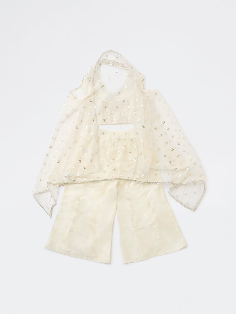 Utsa Kids Girls Off-White Floral Embroidered Top Palazzo and Shrug Set - (2-8 yrs)