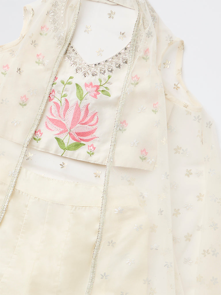 Utsa Kids Girls Off-White Floral Embroidered Top Palazzo and Shrug Set - (2-8 yrs)