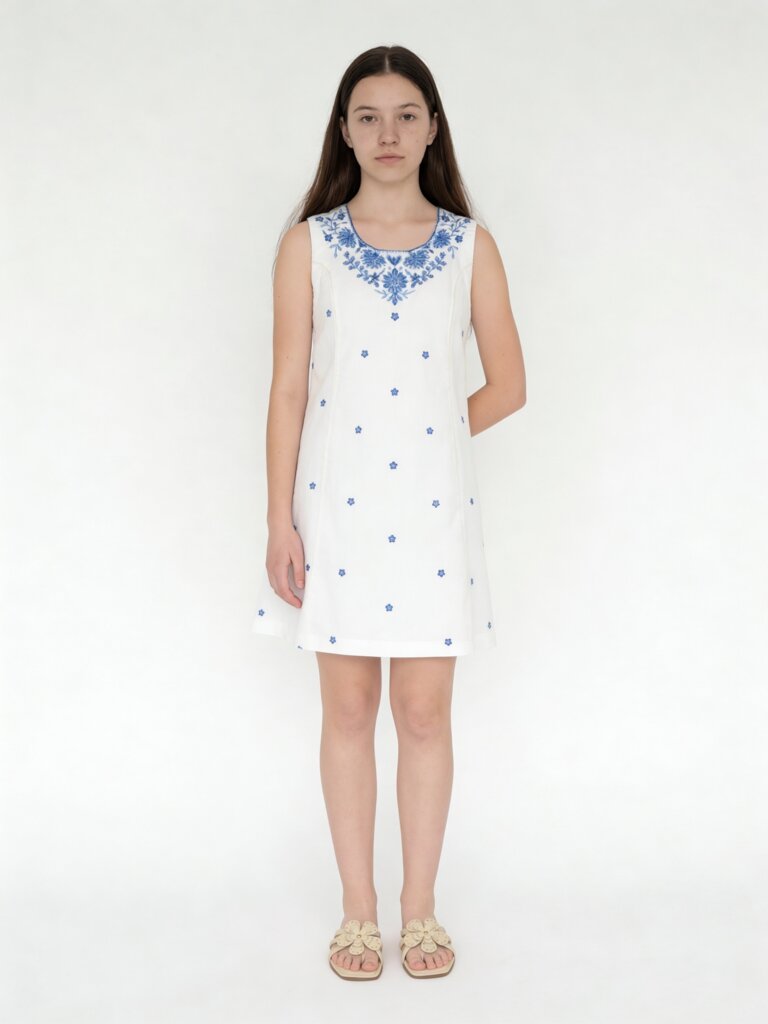 Utsa Kids Girls White Embroidered A-Line Cotton Dress - (8-14 yrs)