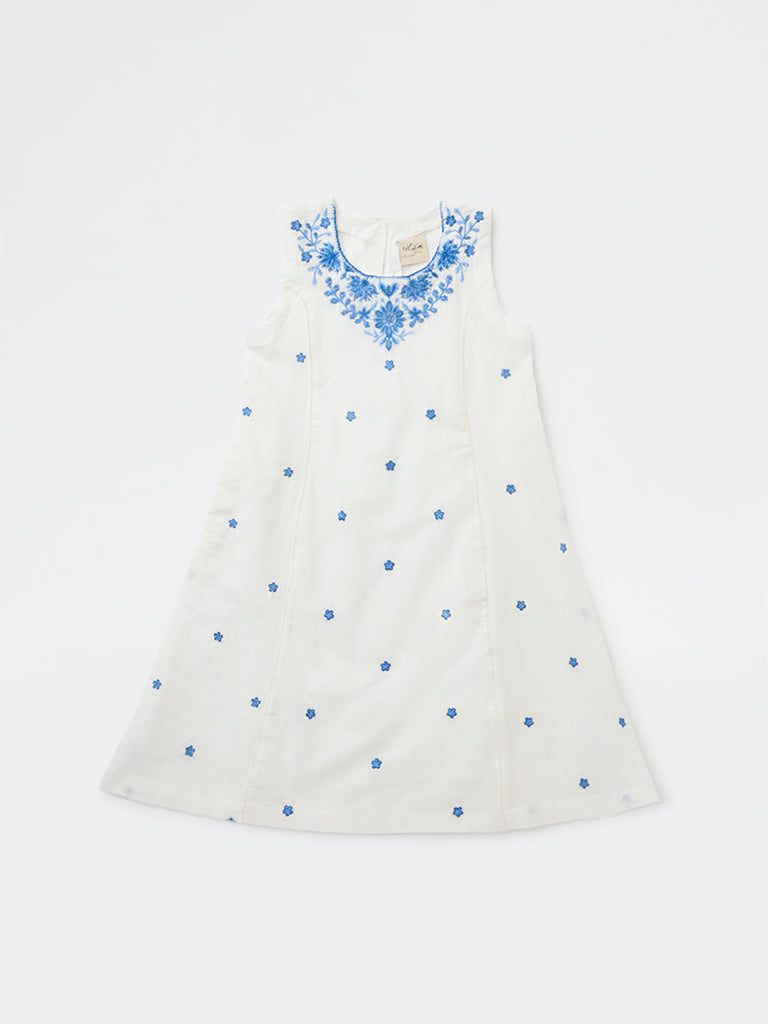 Utsa Kids Girls White Embroidered A-Line Cotton Dress - (8-14 yrs)
