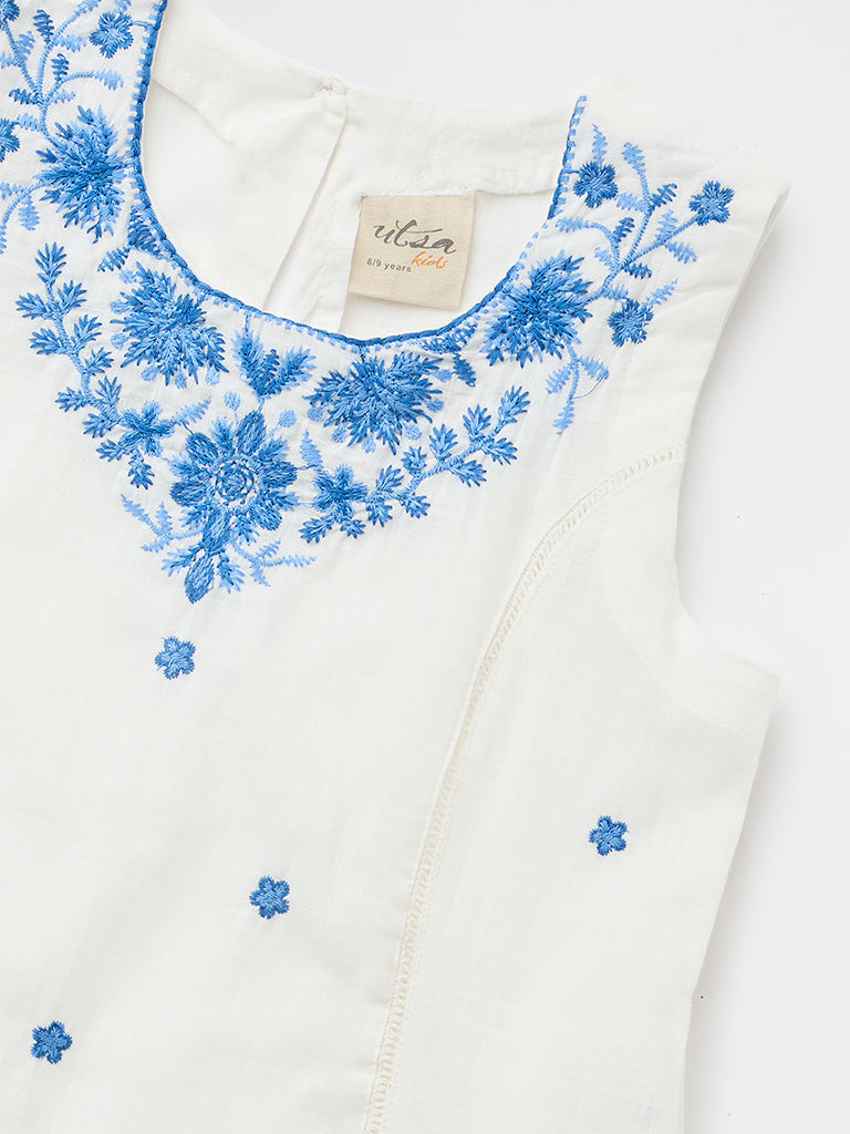 Utsa Kids Girls White Embroidered A-Line Cotton Dress - (8-14 yrs)