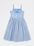 Utsa Kids Girls Blue Embroidered A-Line Cotton Dress - (8-14 yrs)