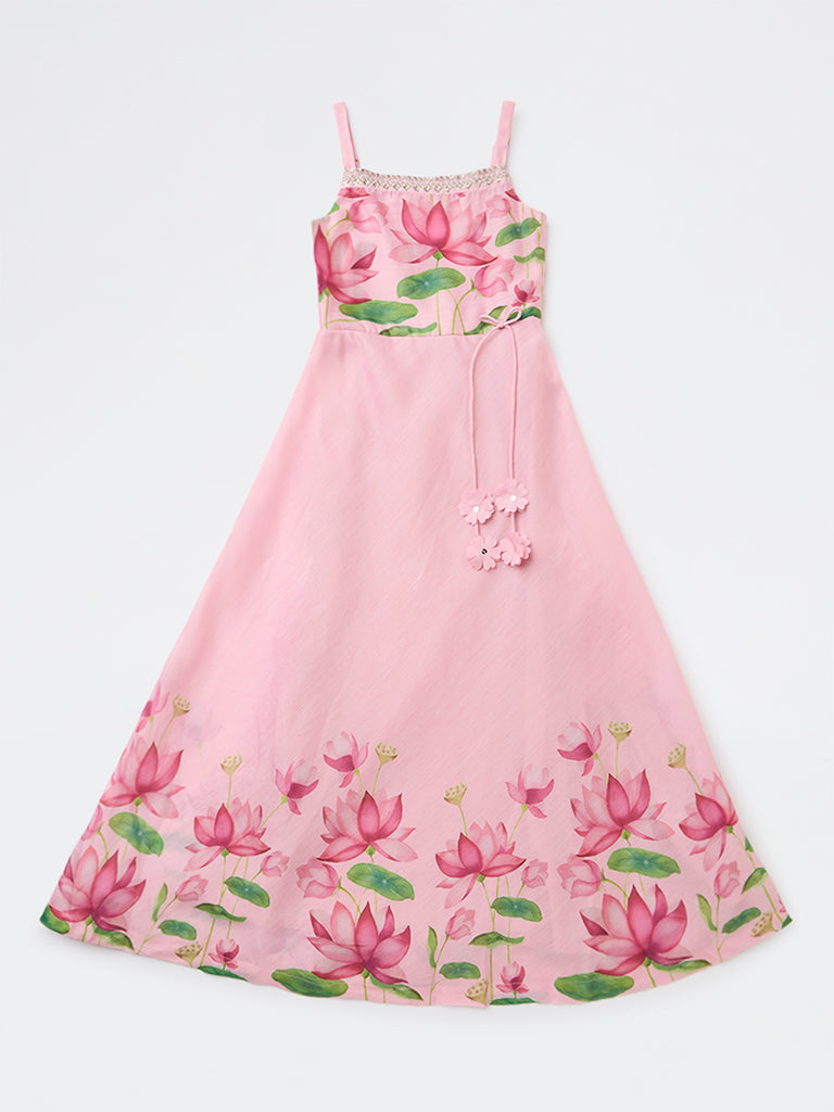 Utsa Kids Girls Pink Floral Printed A-Line Dress - (8-14 yrs)