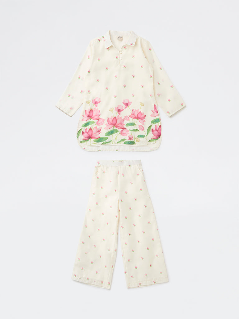 Utsa Kids Girls Off-White Floral Printed Blouse and Pants Set - (8-14 yrs)