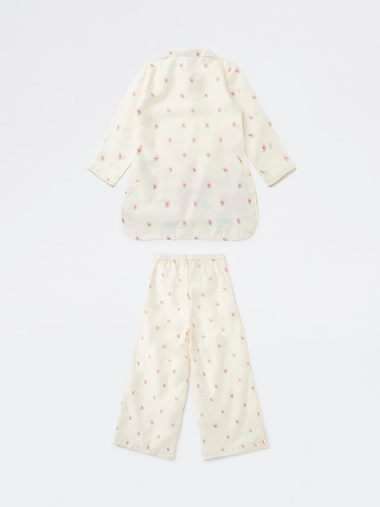 Utsa Kids Girls Off-White Floral Printed Blouse and Pants Set - (8-14 yrs)