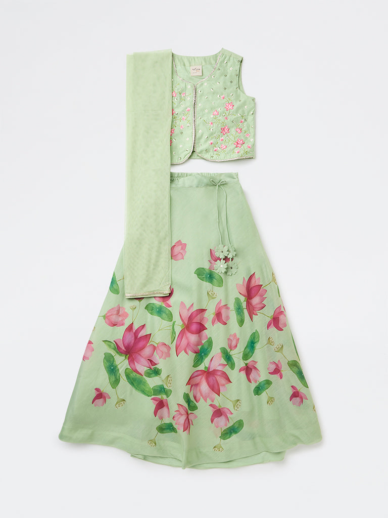 Utsa Kids Girls Mint Floral Printed Top Skirt and Dupatta Set - (8-14 yrs)