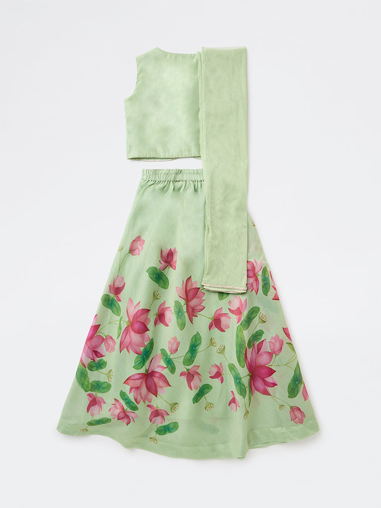 Utsa Kids Girls Mint Floral Printed Top Skirt and Dupatta Set - (8-14 yrs)