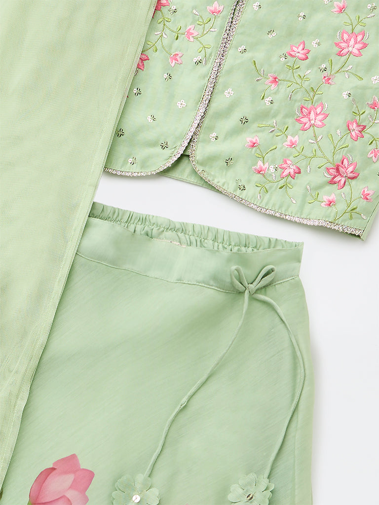 Utsa Kids Girls Mint Floral Printed Top Skirt and Dupatta Set - (8-14 yrs)