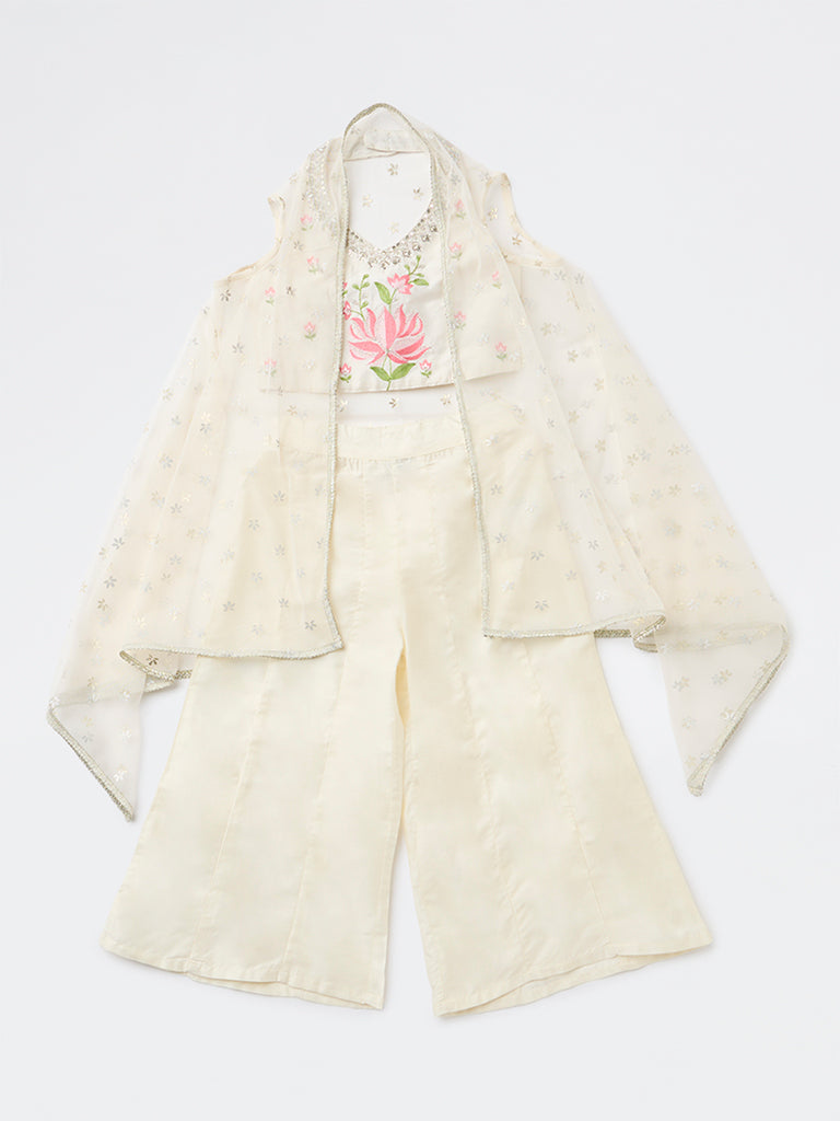 Utsa Kids Girls Off-White Floral Embroidered Top Palazzo and Shrug Set - (8-14 yrs)