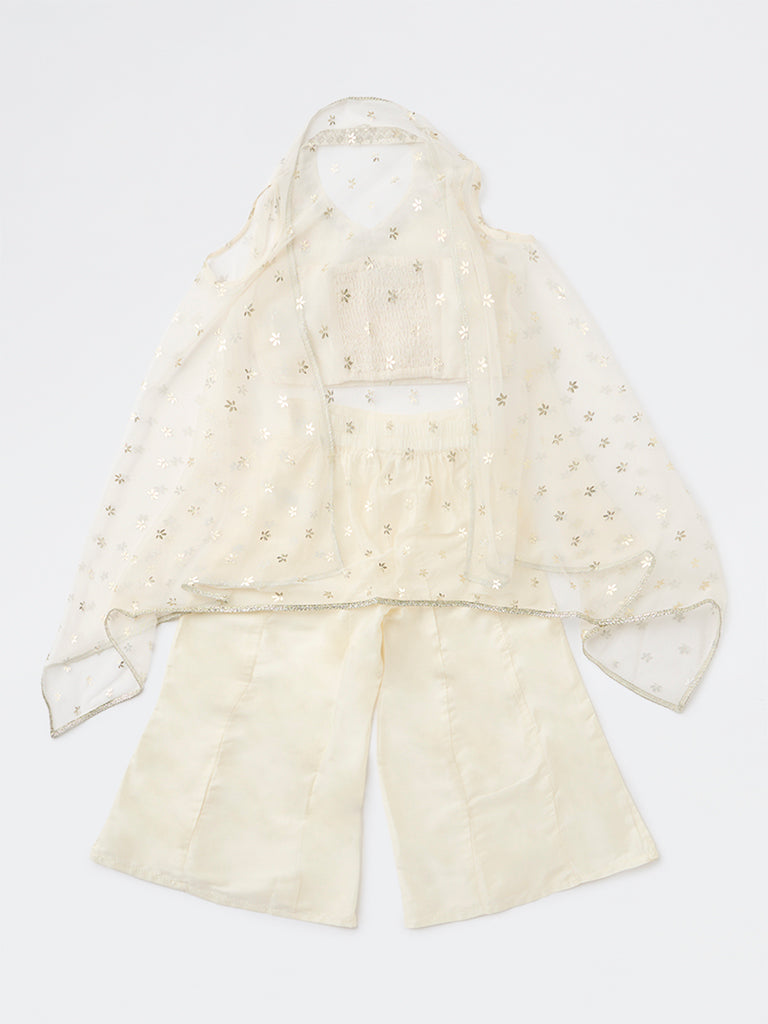 Utsa Kids Girls Off-White Floral Embroidered Top Palazzo and Shrug Set - (8-14 yrs)