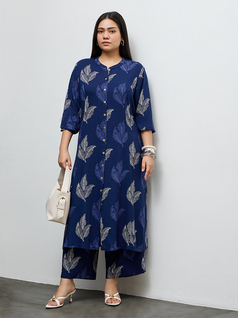 Diza Indigo Foliage Printed Ethnic Pants