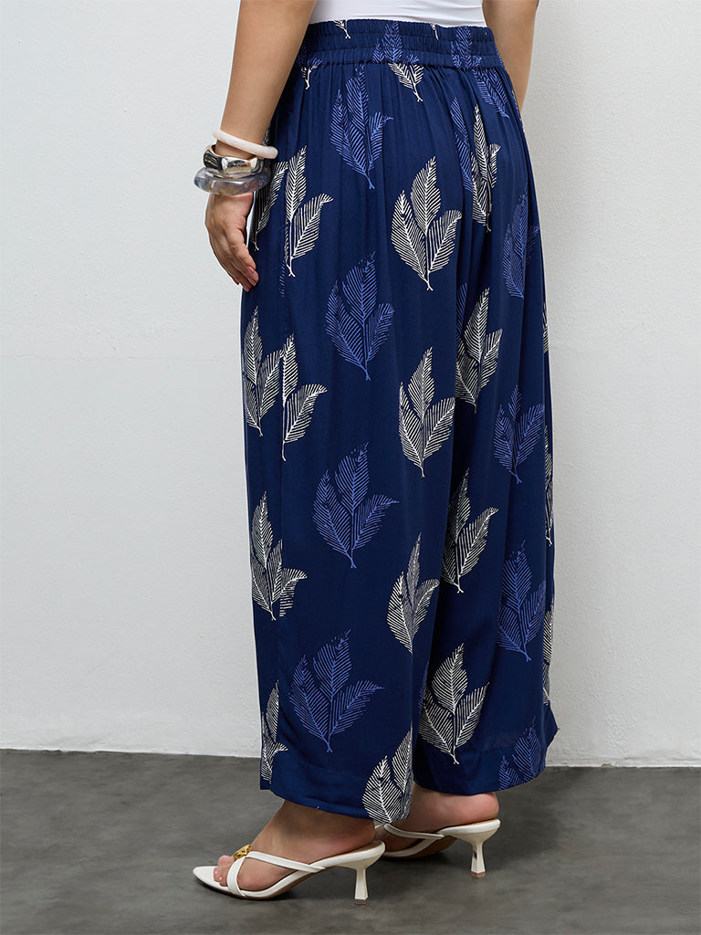Diza Indigo Foliage Printed Ethnic Pants