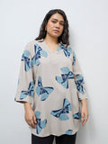 Diza Beige Butterfly Printed High-Low Tunic