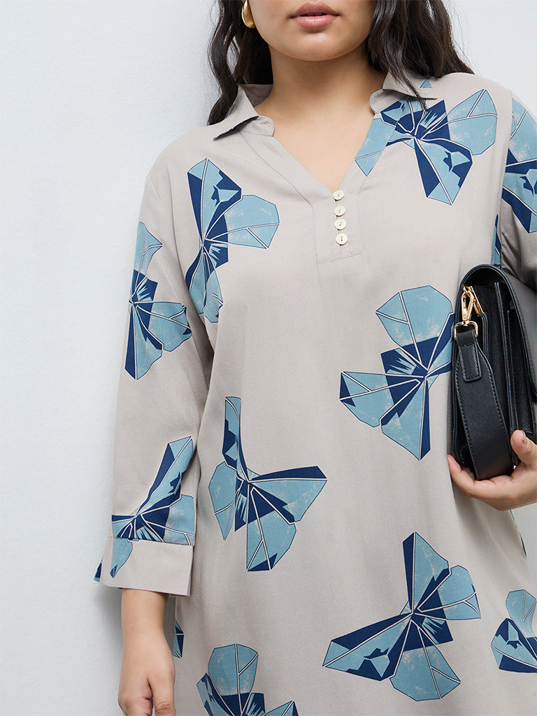 Diza Beige Butterfly Printed High-Low Tunic